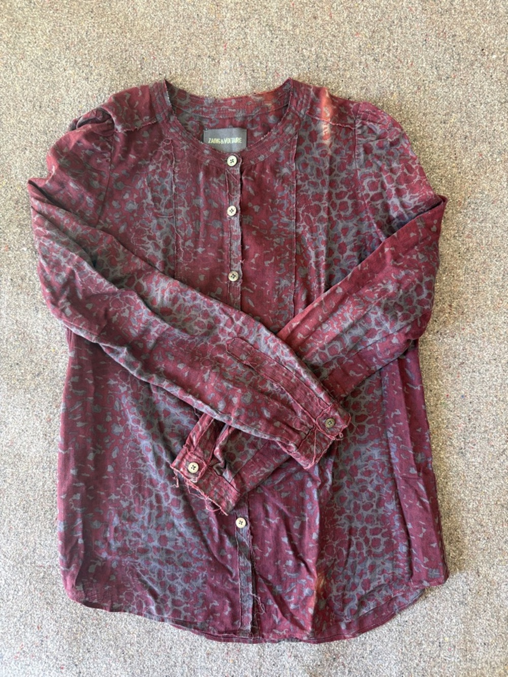 Zadig & Voltaire Burgundy and Gray Leopard-Print Button Front Blouse (Size S)